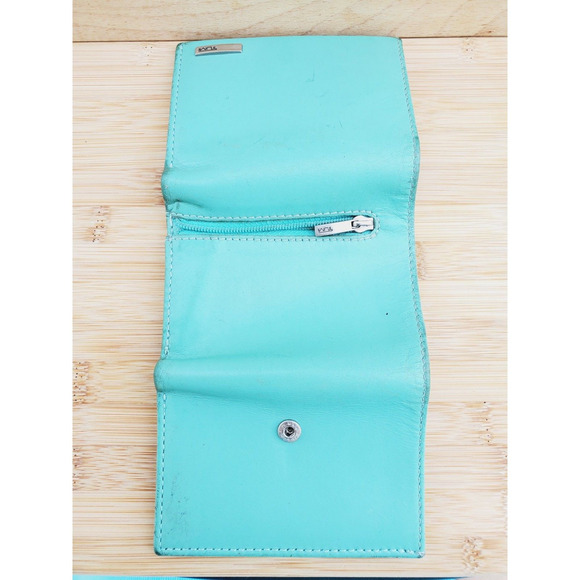 Tumi Tri Fold Leather Wallet Green Blue Card Carrier Organizer Zipper Pocket - Picture 4 of 9